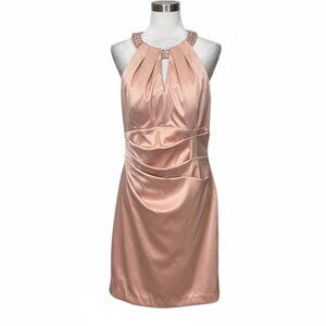 Eliza J Pink Satin Cocktail Dress 12 Embellished Neck Ruched Halter Party Formal